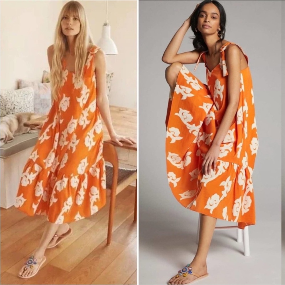 Anthropologie EXQUISE‎ Phoebe Orange and White Floral Midi Dress Size M NWOT